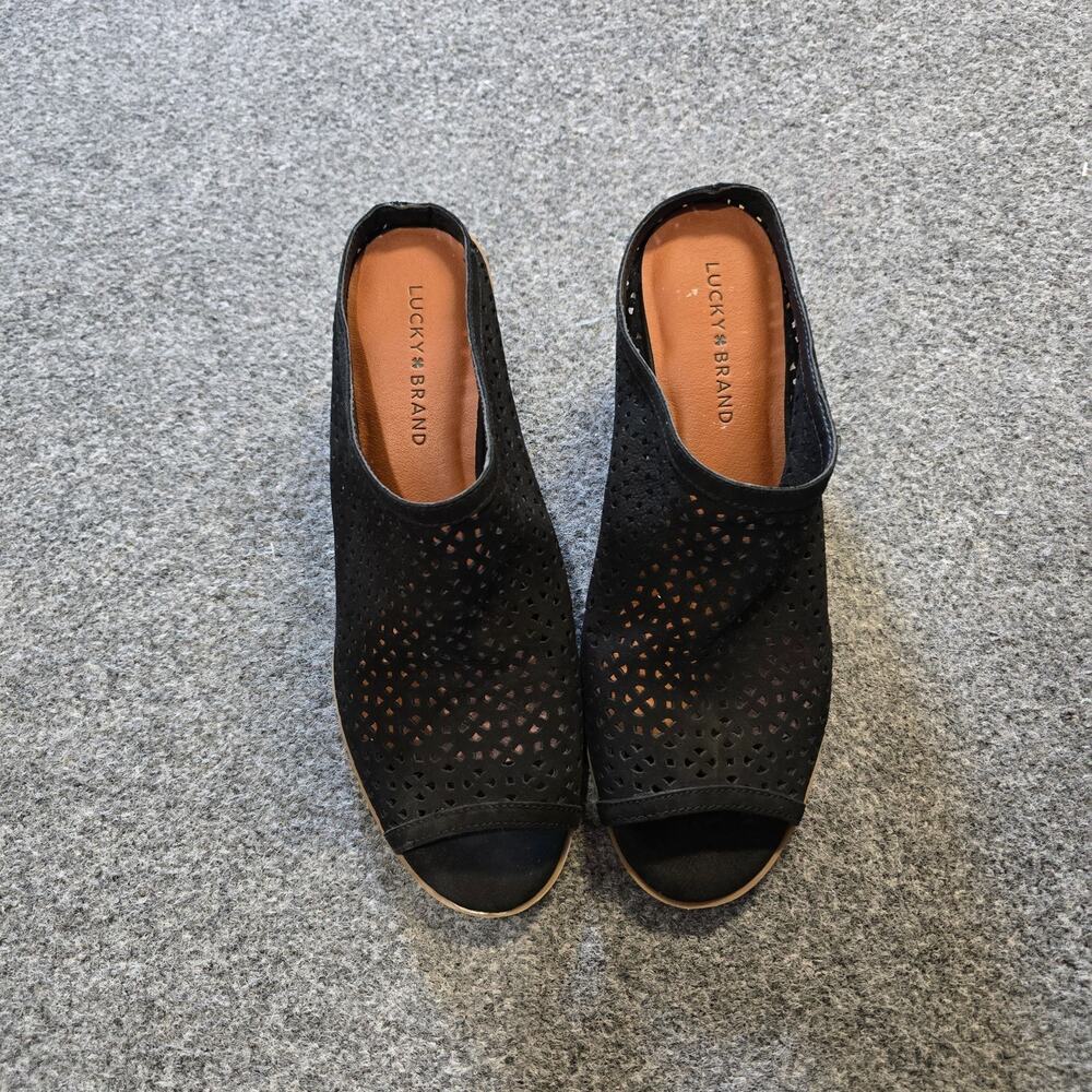 Lucky Brand Shoes Women Size 9.5 Black Mule Slides Peep Toe Stacked Heel Capsule - Picture 2 of 11